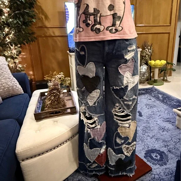 Free People We The Free Piece Of My Heart Jeans Heart Patch Wide Leg HighRise - Picture 12 of 14
